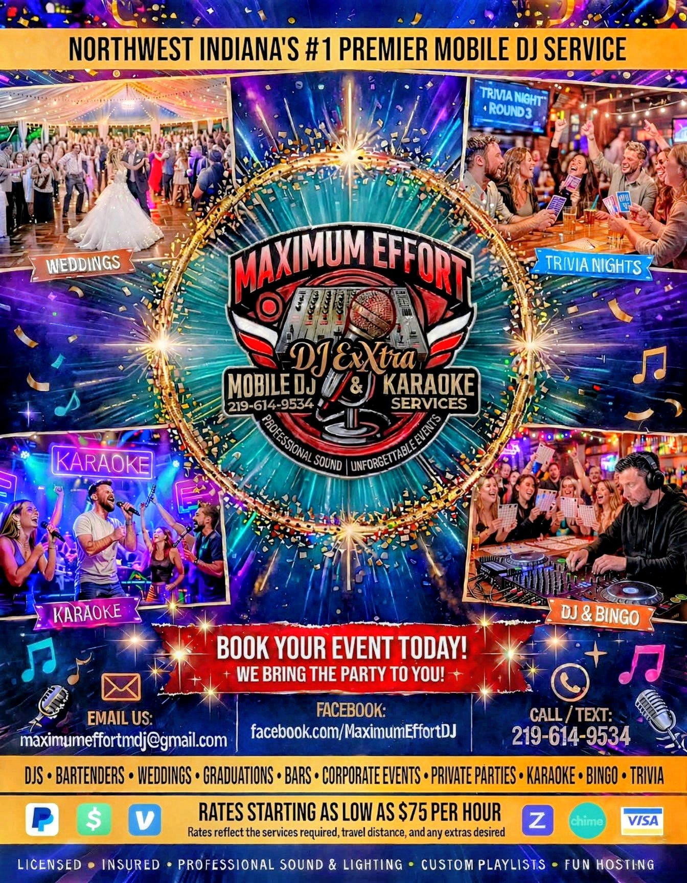 DJ ExXtra Maximum Effort promotional image with gold branding and concert lighting